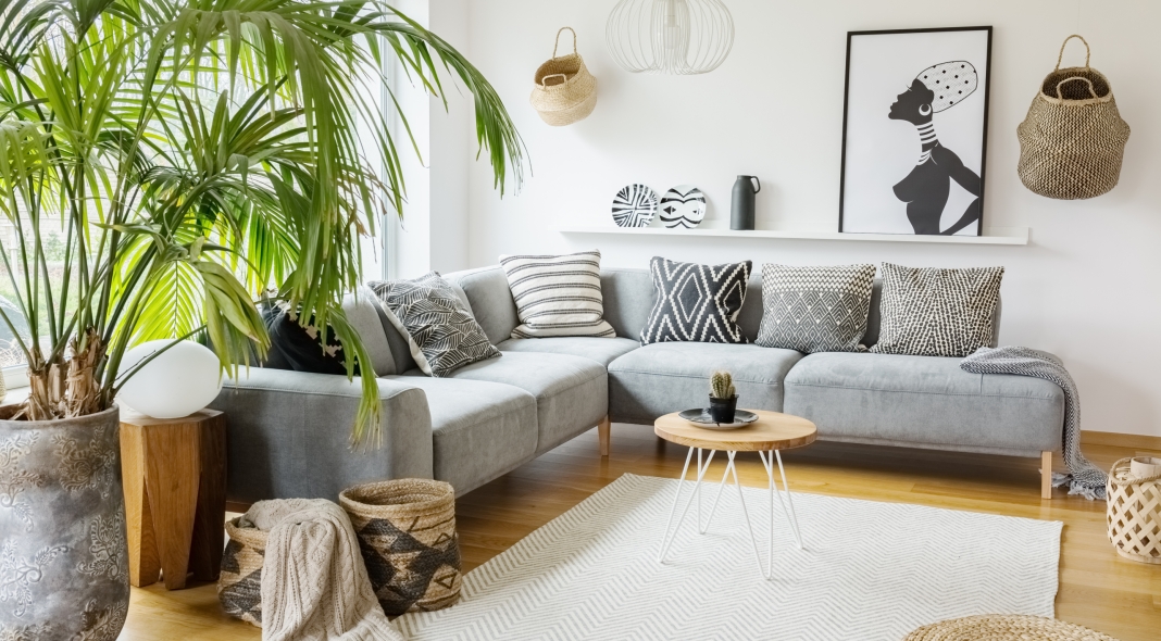 Plant next to grey corner sofa in african living room interior with poster and pouf. Real photo