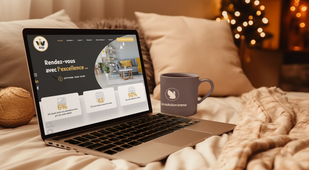 ai-generated-mockup-of-a-macbook-and-a-coffee-mug-placed-on-a-bed-in-a-winter-cozy-setting-m36546